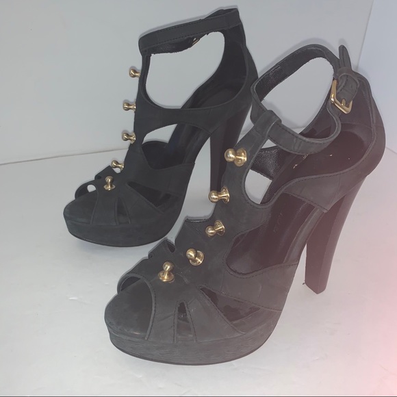 Thomas Wylde Black Leather Gold Stud Heels Sz 8 - Picture 4 of 15